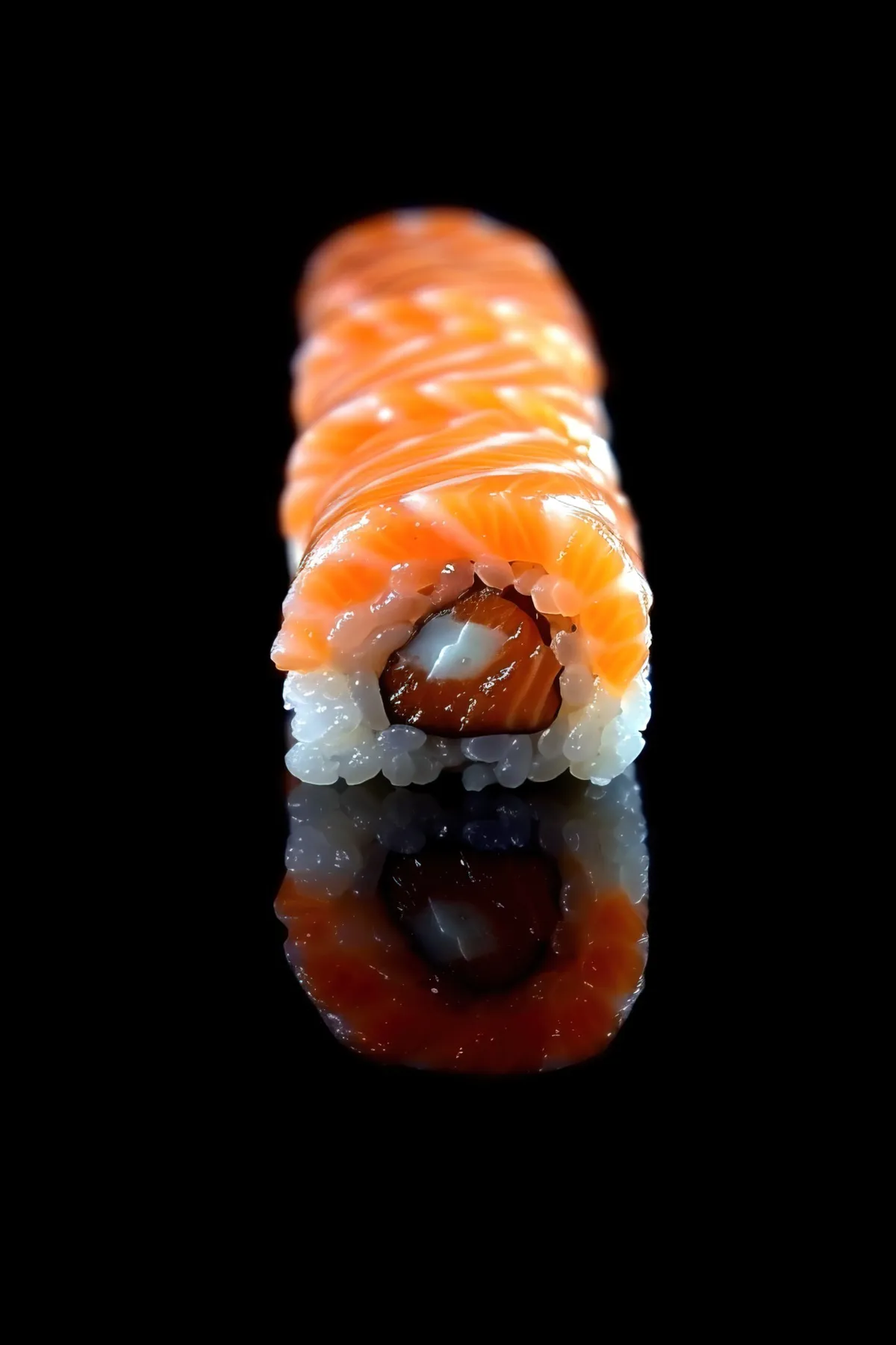 Uramaki de salmón sobre fondo negro